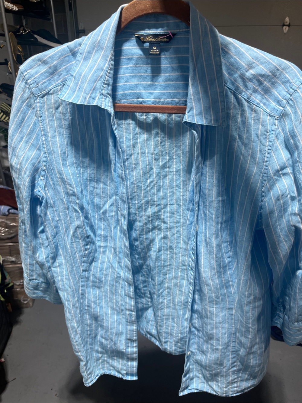 Brooks Brother 14 Light Blue Striped Button-Down Shirt linen